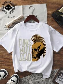 Damska letnia koszulka z krótkim rękawem i okrągłym dekoltem, luźny krój, luźna, w stylu punkowym, z nadrukiem irokeza z czaszką, w stylu vintage, grunge, rockowy, streetwear, do noszenia na co dzień - Biały - Zobacz 6