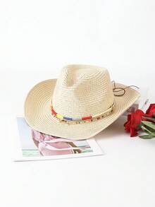 1pc Solid Color Bohemian Straw Hat, Casual, With Metal Decor Hat Band, All-Season Versatile Commuting - B - View 21