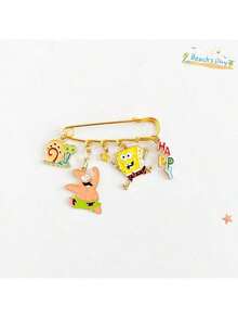 1Pc SpongeBob Brooch - Cartoon Cute Patrick Star Metal Brooch, Rainbow Hamburger Star Pendant Anti-Exposure Pin, Bag & Clothing Accessory Brooch - Multicolor - View 6