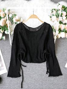 Lightweight Adjustable Off Shoulder Ruched Knit Cover Up For Women, Spring/Summer - Black - View 8