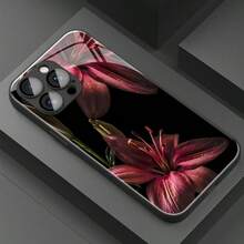 1个优雅复古酒红色百合花图案玻璃材质手机壳，高端精致设计，适用于苹果钢化玻璃手机 - 黑色 - 查看 2