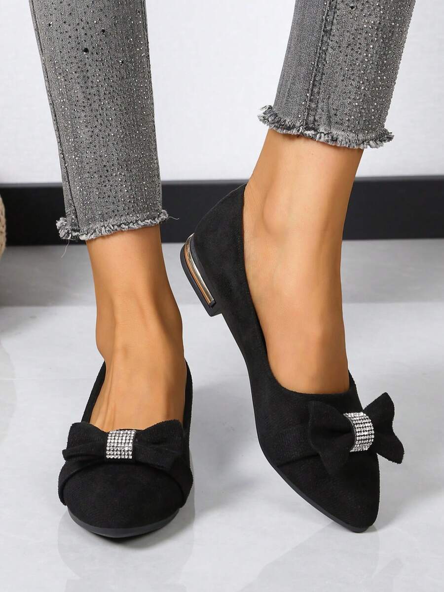 女士时尚水晶蝴蝶结鞋，新款英伦风尖头蝴蝶结装饰鞋，绒面革休闲乐福鞋，低帮鞋，工作鞋 - 黑色 - 查看 1