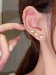 3对时尚几何猫眼耳钉套装，小巧可爱圆形、三角形、方形耳环，适合女性日常及节日佩戴 - 三件套 - 查看 2