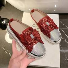 Women's Spring/Summer Slip-On Flat Sandals, Glitter Rhinestone Embellished Shoes, Casual Slip-On Loafers - Red - View 5