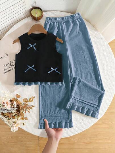 Girls Cute Bow Embroidered Sleeveless Top And Elastic Waist Colorblock Floral Trim Wide Leg Shorts Set, Summer