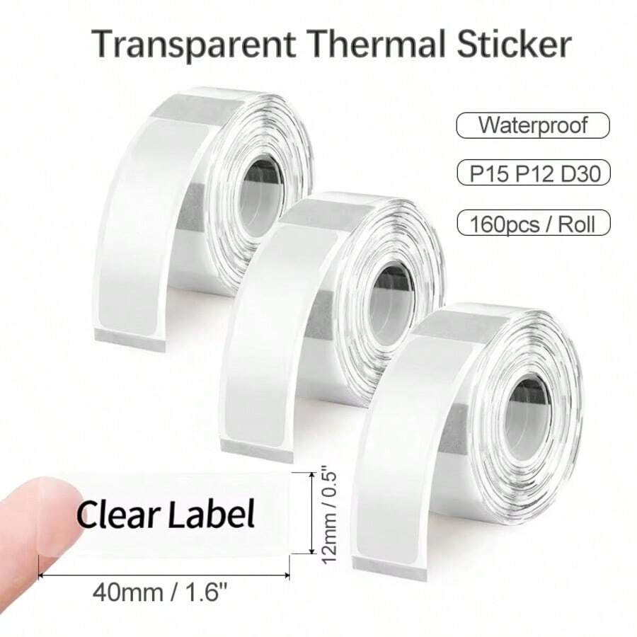 12x40mm Transparent Thermal Label Tape Roll Self-Adhesive Waterproof Printable Name Sticker Paper Jar Cable Sort Tag For D30 P15 - Multicolor - View 1