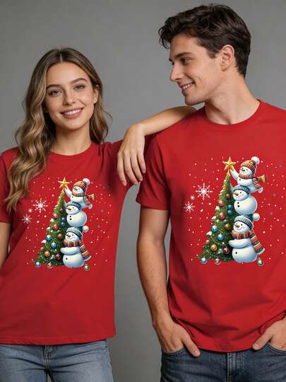 Unisex Round Neck Short Sleeve T-Shirt, Snowman & Christmas Tree Graphic, Fashion, Christmas Theme Top, Versatile Casual, Suitable For Holidays, Dates, Outdoor & Daily Wear