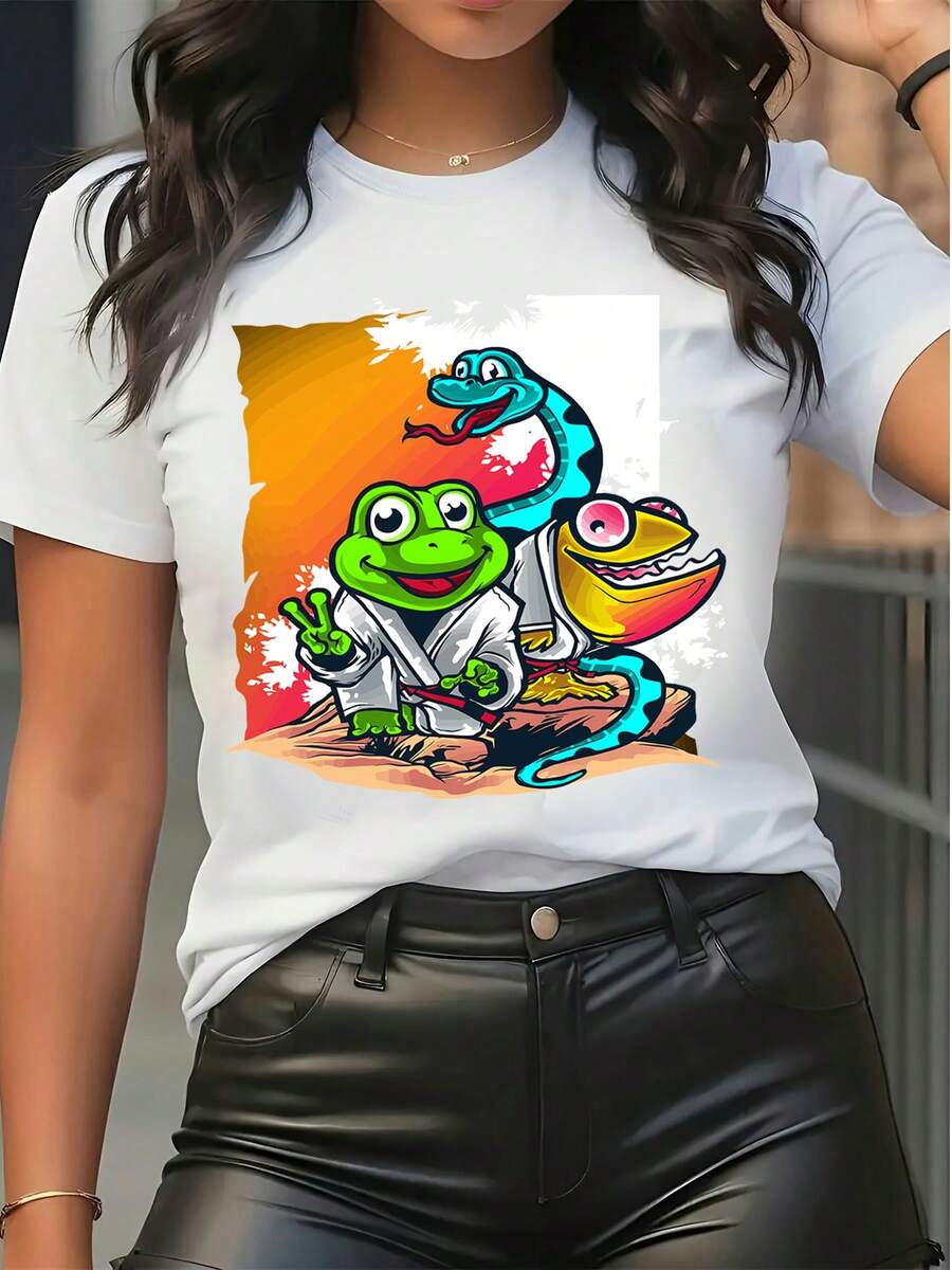 Women's Short Sleeve T-Shirt Cartoon Animal Print Frog Snake Fish Graphic Tee Casual Crew Neck Summer Top Fun Streetwear Cute Y2K Aesthetic Clothes - White - View 1