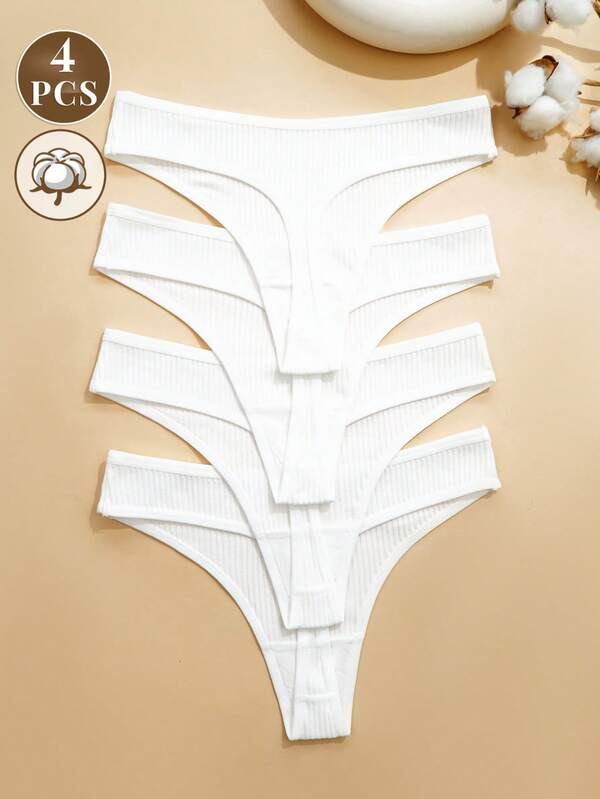 4 Pcs Cotton Ribbed G String Panties For Women Soft Cozy Thongs Ladies Friendly Knickers Everyday Wear Underwear & Lingerie, White