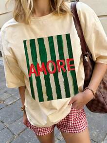 夏季新款简约时尚英文字母醒目条纹印花休闲圆领短袖T恤，百搭且适合女性穿着 - 杏色 - 查看 6