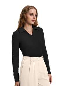 Polo Shirts Long Sleeve Business Casual Tops Collared V Neck Ribbed Knit Sweater Slim Fit Blouses - màu đen - Xem 3