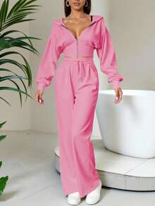 2 Stücke Damen Einfarbig Lässig Reißverschluss Hoodie Set, geeignet für Herbst/Winter Streetwear, Bademode, Büro, Abschluss, Schulanfang, Outfit für Lehrerinnen - Pink - Übersicht 1