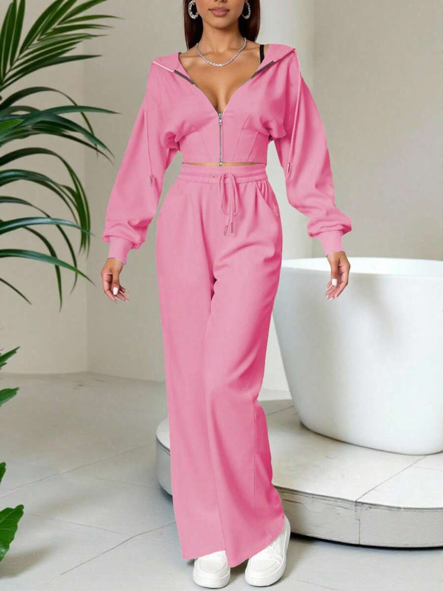 2 Stücke Damen Einfarbig Lässig Reißverschluss Hoodie Set, geeignet für Herbst/Winter Streetwear, Bademode, Büro, Abschluss, Schulanfang, Outfit für Lehrerinnen - Pink - Übersicht 1