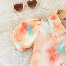 两件套女童扎染印花套装，泡泡袖短款上衣+百褶迷你裙，甜美清新夏季童装 - 彩色 - 查看 4