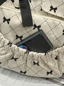 1个粉色蝴蝶结图案灯芯绒大容量缎带装饰背包，韩版可爱风格，适合女性日常通勤和上学使用 - 彩色 - 查看 9