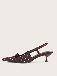 Coffee Polka Dot Bow Tie Pointed Toe Slip-On High Heel Pumps, Elegant Office/Commute Shoes - Coffee Brown - View 2