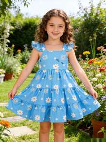 Young Girl Blue Floral Print Sleeveless Ruffle Hem Dress, Spring/Summer - Blue - View 2
