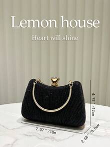 1pc Black Elegant Pleated Glitter Evening Bag, Metal Handle Clutch Purse, Vintage Lightweight Cheongsam Style Box Bag, Suitable For Party, Banquet, Wedding, Can Be Worn As Shoulder Or Crossbody - 黑色 - 查看 9