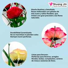 Ramo de Rosas Artificiales de Seda (5 Cabezales) 33cm - Bouquet Decorativo Con Follaje - Blanco - Ver 6