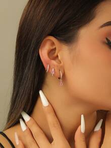 Bộ 6 chiếc khuyên tai hình giọt nước đính đá Cubic Zirconia thanh lịch, thời trang, màu hồng, xanh lá cây, xanh navy, xanh sapphire, đen, trắng, đỏ, đá sinh nhật, chất liệu đồng, không gây dị ứng, phù hợp cho phụ nữ đeo hàng ngày, lễ hội, dự tiệc, là món quà tuyệt vời. - Hồng - Xem 4
