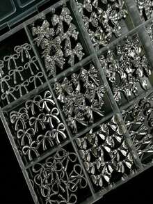 120pcs 3D Silver Bow Nail Art Charms, 12-Grid Y2K Alloy Bow Nail Art Charms, Luxury Shiny Silver Bow Nail Art Studs, 12 Types Silver Bow Nail Art Charms DIY - Multicolor - View 5