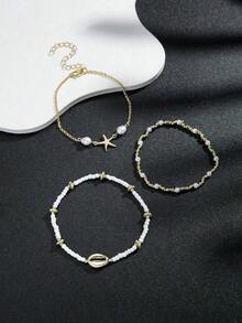 3pcs/Set Summer Beach Style Metal Starfish & Shell Beaded Glass Bracelet Set For Women - 彩色 - 查看 6
