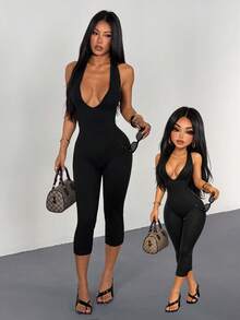 Bộ jumpsuit nữ AITYI Studio, dáng ôm vừa vặn, cổ chữ V, dây mảnh, màu trơn, thoải mái, gợi cảm, thời trang, phù hợp cho hoạt động ngoài trời, đi làm, đa năng, phong cách Y2K, tiệc bãi biển, kỳ nghỉ, lễ tốt nghiệp, nghỉ xuân, lễ hội âm nhạc, jumpsuit dệt kim mùa hè. - màu đen - Xem 4
