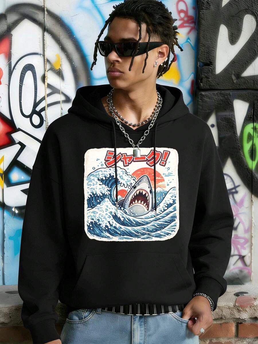 Premium cotton Shark Graphic Wave print hoodie, loose fit, street hip-hop, comfortable, statement print - Preto - Ver 1