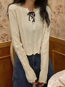 New Drawstring Design Long Sleeve Sweater Women, Knitted Pullover Top - Medium Apricot Color - View 4