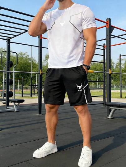 男士简约印花短袖T恤短裤运动套装，休闲日常、跑步、健身、户外运动皆宜
