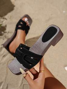 1 đôi dép lê nữ đế dày in họa tiết da báo, màu đen và be, đế xuồng, hở mũi, đế gỗ giả cổ, phong cách thời trang và nghỉ dưỡng. - màu đen - Xem 1