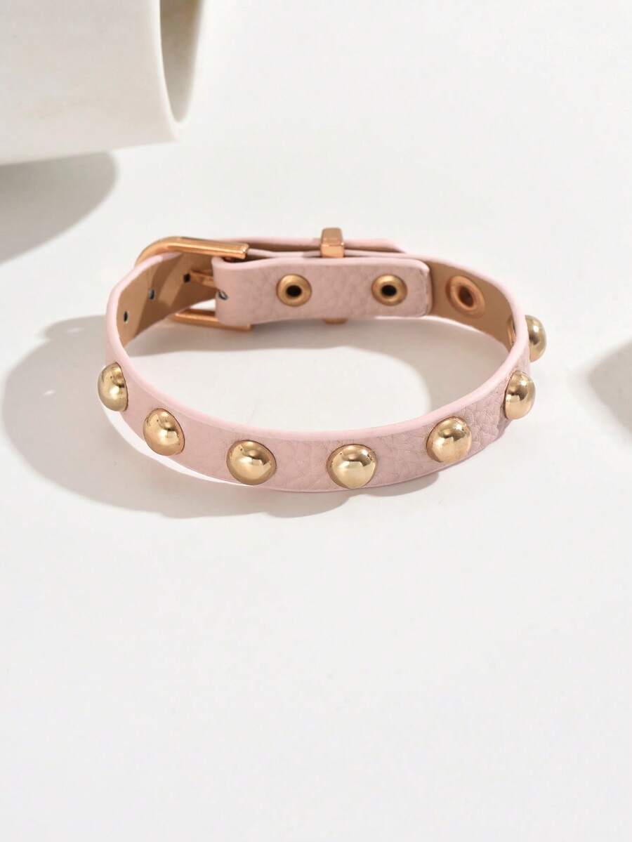 1件装女士朋克铆钉PU圆铆钉摩托车哥特Y2K可调节手链，适合日常佩戴 - 粉色 - 查看 1