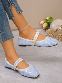 Plus Size EU35-43 Fashionable Sequin Square Toe Flat Shoes, Slip-On Daily Wear Flat Shoes With Buckle, Suitable For Dresses, Multiple Colors & Patterns Available, Spring/Autumn - Light Blue Lace With White Sequins - View 5