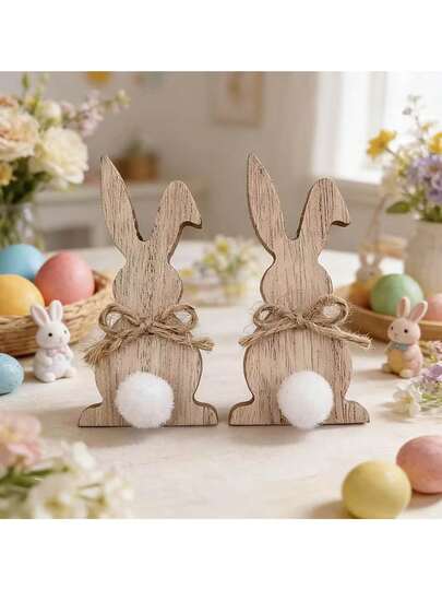 2pcs Wooden Rabbit Figurines, Cute Easter Bunny Design With Bow Tie, Suitable For Tabletop Decor, Ideal For Easter, Valentine's Day, Wedding, Anniversary, Party, Birthday, Housewarming, Christening And Other Occasions, Great For Home, Office, Study And Bedroom Decoration, Indoor And Outdoor Use