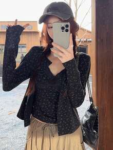 甜美火辣女孩黑色花卉蕾丝长袖开衫外套搭配吊带背心，两件套，春假必备 - 黑色 - 查看 1