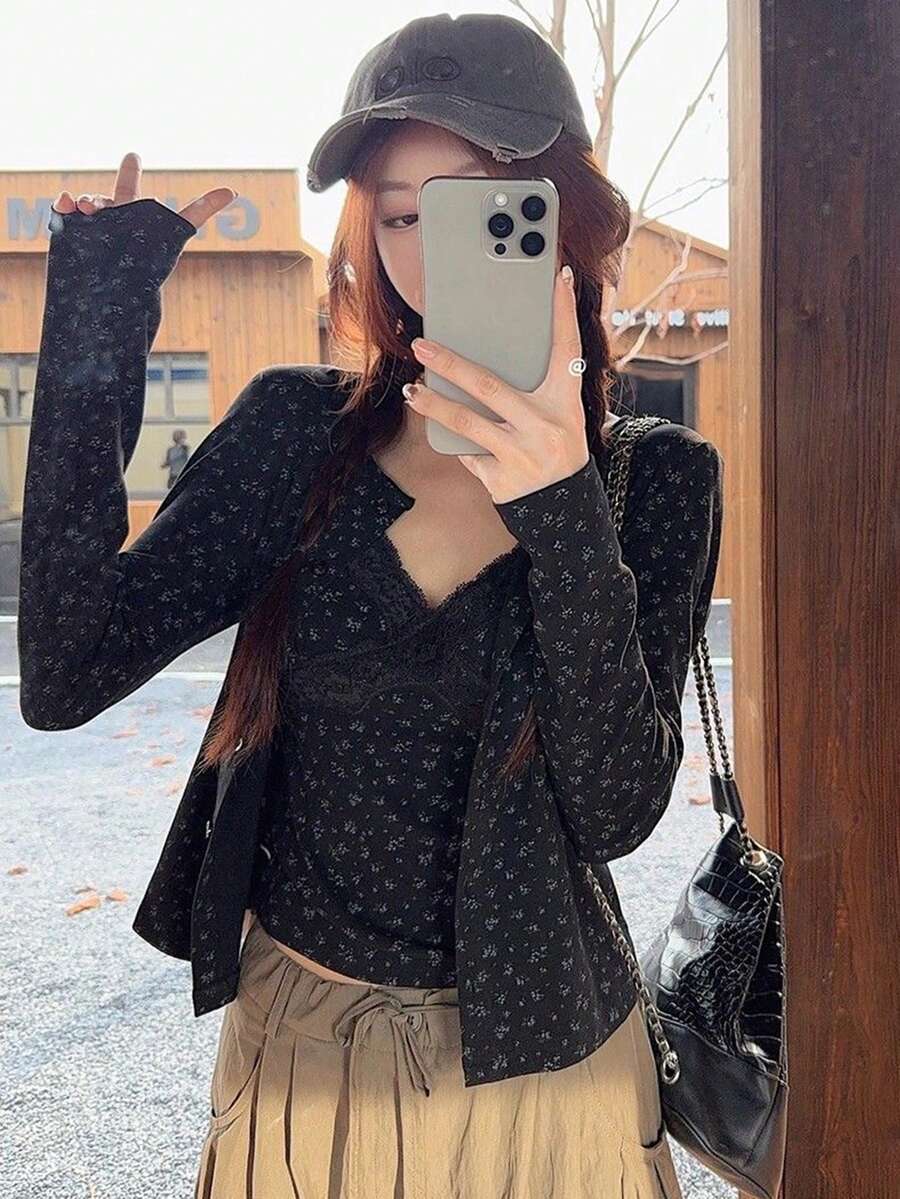 甜美火辣女孩黑色花卉蕾丝长袖开衫外套搭配吊带背心，两件套，春假必备 - 黑色 - 查看 1