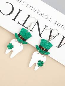 1 对可爱的圣帕特里克节四叶草帽子和牙齿形状亚克力耳环
