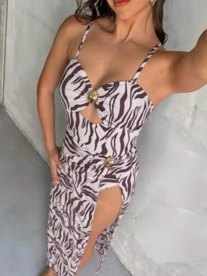 女士性感细肩带斑马纹高弹力连体泳衣，带蝴蝶结装饰