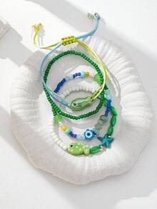 4件套混合串珠鱼形手链，波西米亚风叠戴手链，时尚热带度假风饰品（手工制作，颜色和形状随机） - 彩色 - 查看 4