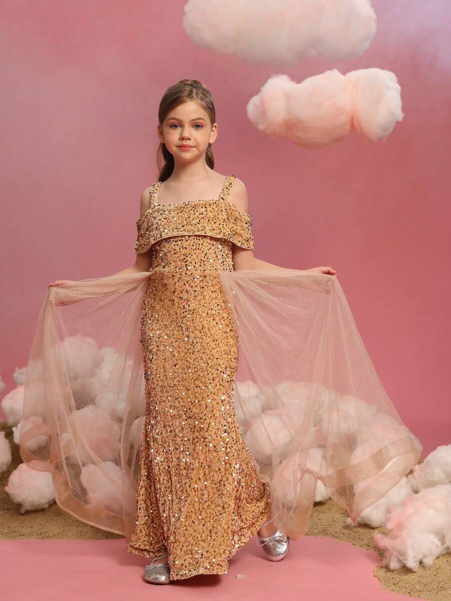 ALISA&LEO Tween Girl Glamorous Shining Off-Shoulder A-Line Dress Multi-Layered Tulle Sequin Splicing Graduation Prom Gown Special Occasion - Champagne - View 1