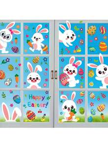 137pcs/9sheets Easter Cartoon Rabbit & Egg Static Cling Window Stickers, Double-Sided Colorful Egg Rabbit Chick Flower Glass Window Decals, Reusable, Holiday Shop Window Decor, Home Decoration, Party Supplies - Multicolor - View 5