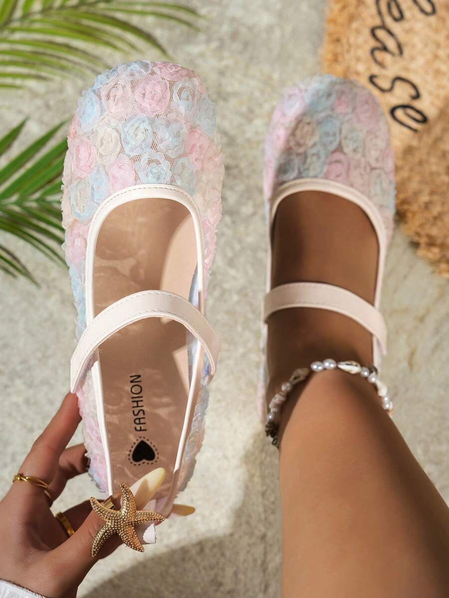 1双优雅玫瑰花网面软底圆头低跟玛丽珍鞋，甜美公主风，适合日常休闲、约会、度假、送礼