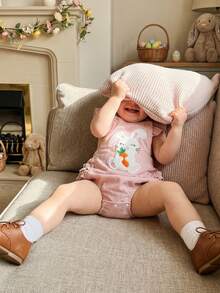 Baby Girl Overalls, Sleeveless Embroidery Rabbit Romper Spring Bodysuit Easter Clothes - Pink - View 2
