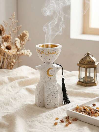Islamic Ramadan Kareem Resin Speckled Incense Burner - White Aromatherapy Holder With Gold Moon & Star Decoration For Home Decor, Home Decoration, Office Decoration,Wedding Decorations,Living Room Accessories,Ramadan Accessories,Eid Al-Fitr,Eid Distributions,Ramadan Decor,Ramadan Decorations