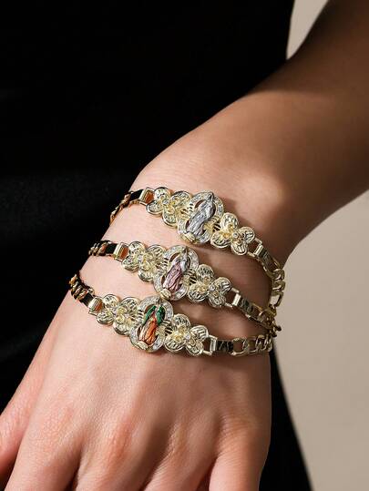 Set da 3 braccialetti decorati con Vergine Maria, con catena in oro e zirconi 3A smaltati, stile religioso, gioielli da donna, braccialetti regolabili, regalo per preghiera cristiana/abbigliamento da chiesa, in rame pregiato e durevole, opzioni multicolore