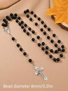 1 Stück 8mm oder 6mm Kunstperlen Rosenkranz Halskette, Kreuz Anhänger, Jesus und Jungfrau Maria, geeignet für Gebet, Taufe, Ramadan, Jesus, Weihnachtsgeschenk, tägliche Party, Kommunion Party Accessoires, Unisex, Paar (Da diese Perlenketten sorgfältig von Hand gefertigt sind, kann sich der Verschluss gelegentlich während des Transports lösen. Befestigen Sie ihn einfach wieder, und Ihre Halskette ist wieder perfekt.) - Schwarze Perle - Übersicht 10