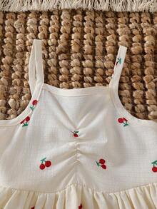 New Style Baby Girls' Casual Everyday Cherry Print Bubble Dress, Suitable For Travel, Outing, Party - Apricot - View 3