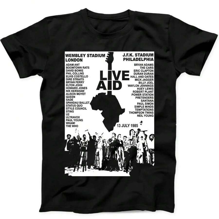 Live Aid Concert Music Gig Event Live 1985 Wembley 80s Gift Tee Black T Shirt - 黑色 - 查看 1