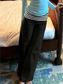 Fold Over Yoga Pants For Women Y2K Striped Low Rise Wide Leg Leggings Sweatpants Cozy Stretchy Foldover Lounge Pants Going Out Clothes - 黑色 - 查看 3