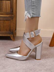 女士尖头细高跟露跟时尚香槟色/黑色/白色性感高跟鞋，带踝带 - 銀色 - 查看 3